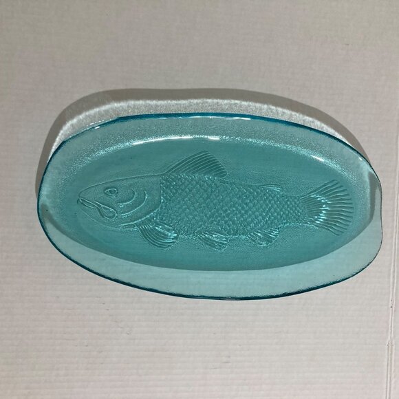 Vintage Turquoise Blue Glass Fish Salmon Plate Serving Platter - Picture 1 of 5
